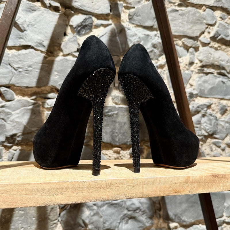Jimmy Choo Black Suede Crystal Embellished Heels Platform Pumps