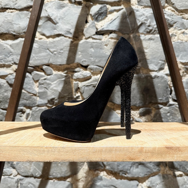 Jimmy Choo Black Suede Crystal Embellished Heels Platform Pumps