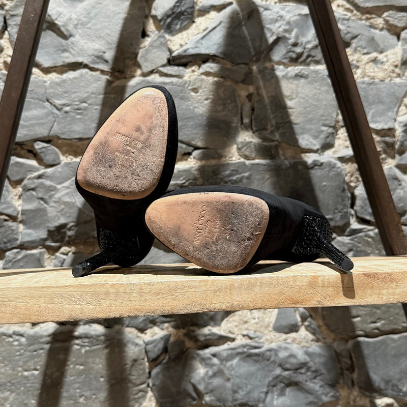 Jimmy Choo Black Suede Crystal Embellished Heels Platform Pumps