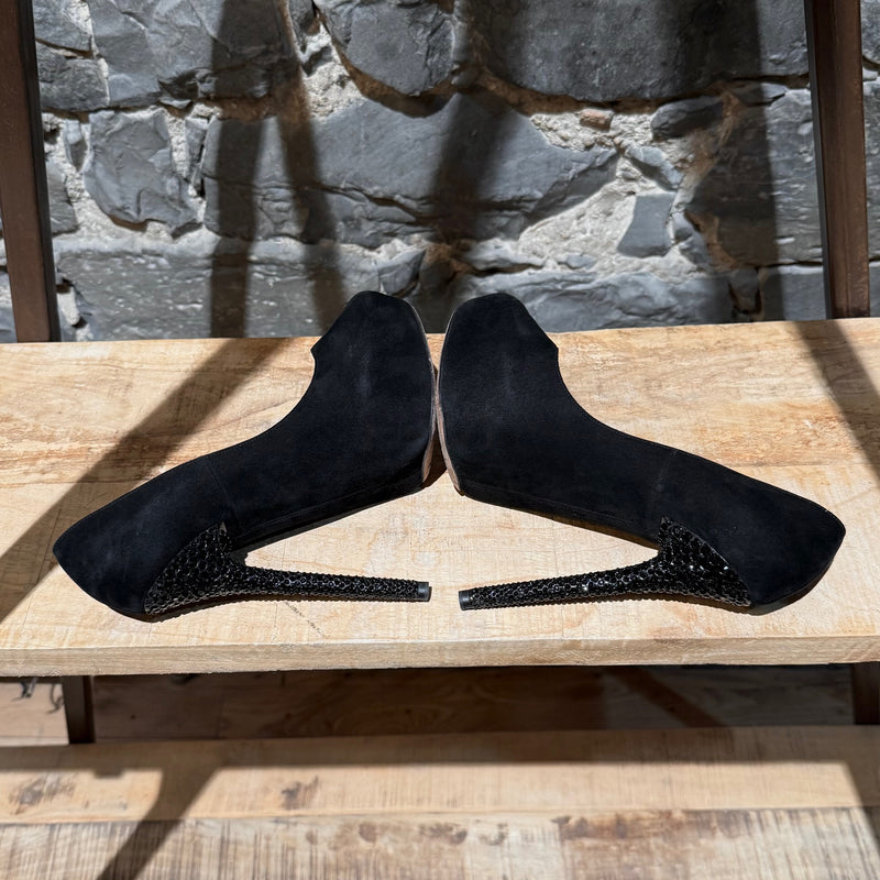 Jimmy Choo Black Suede Crystal Embellished Heels Platform Pumps