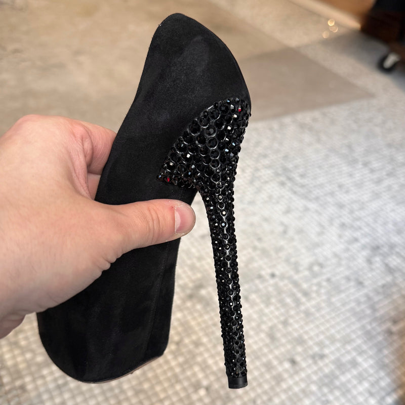 Jimmy Choo Black Suede Crystal Embellished Heels Platform Pumps