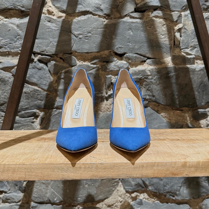 front of Jimmy Choo Blue Suede Anouk 100 Pointy Pumps