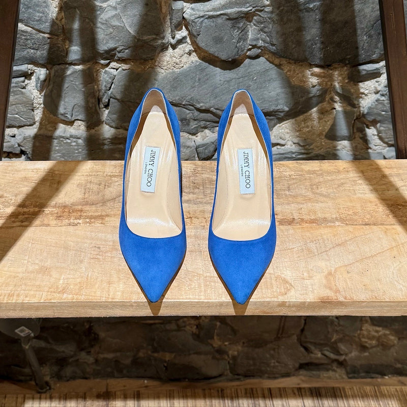 Top view of Jimmy Choo Blue Suede Anouk 100 Pointy Pumps