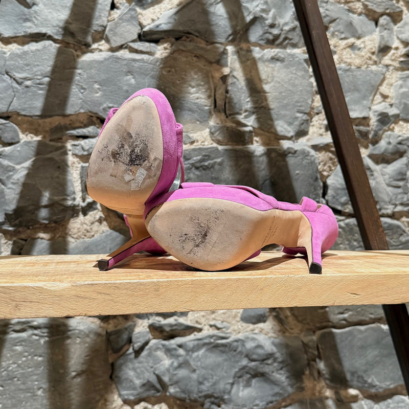 Branded outsole of Jimmy Choo Purple Suede Greta Platform Sandals