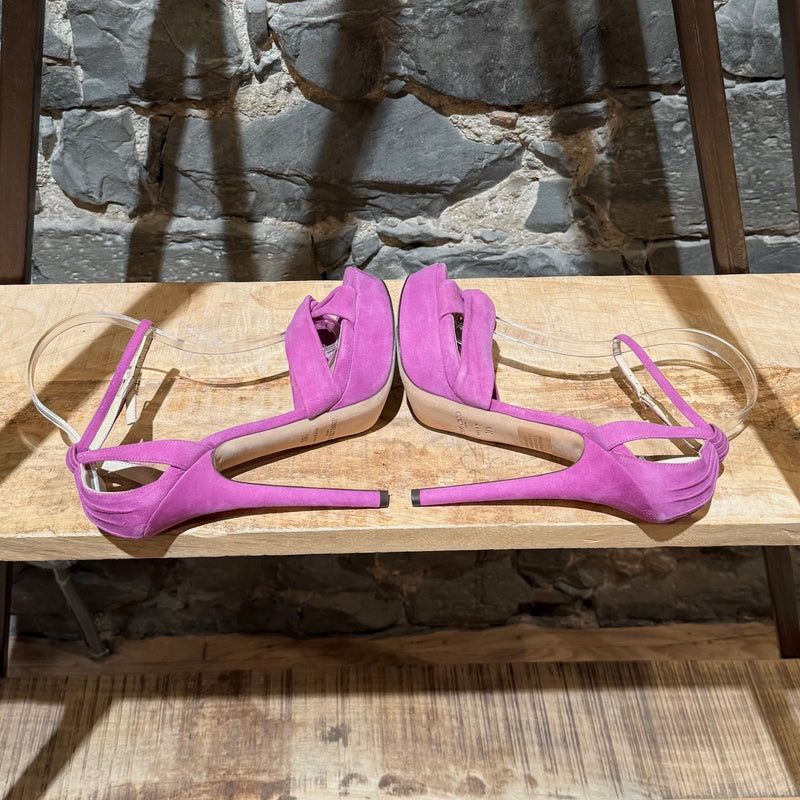 Side-by-side view of Jimmy Choo Purple Suede Greta Platform Sandals