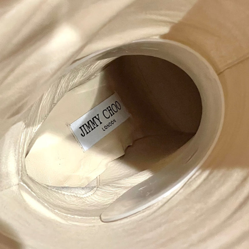 Jimmy Choo Tan Leather Mahesa 100 Knee High Logo Boots