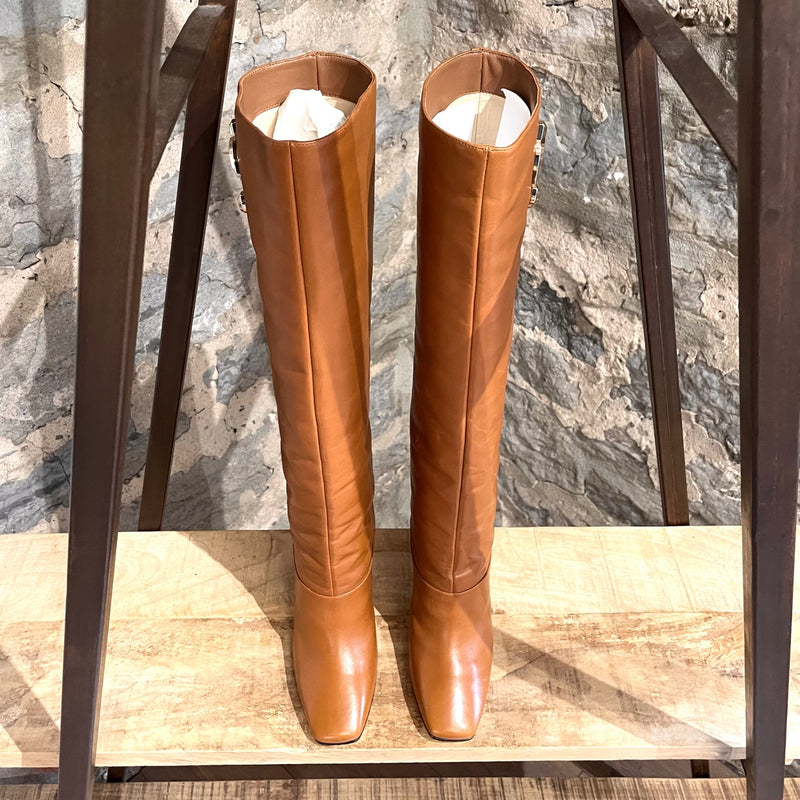 Jimmy Choo Tan Leather Mahesa 100 Knee High Logo Boots