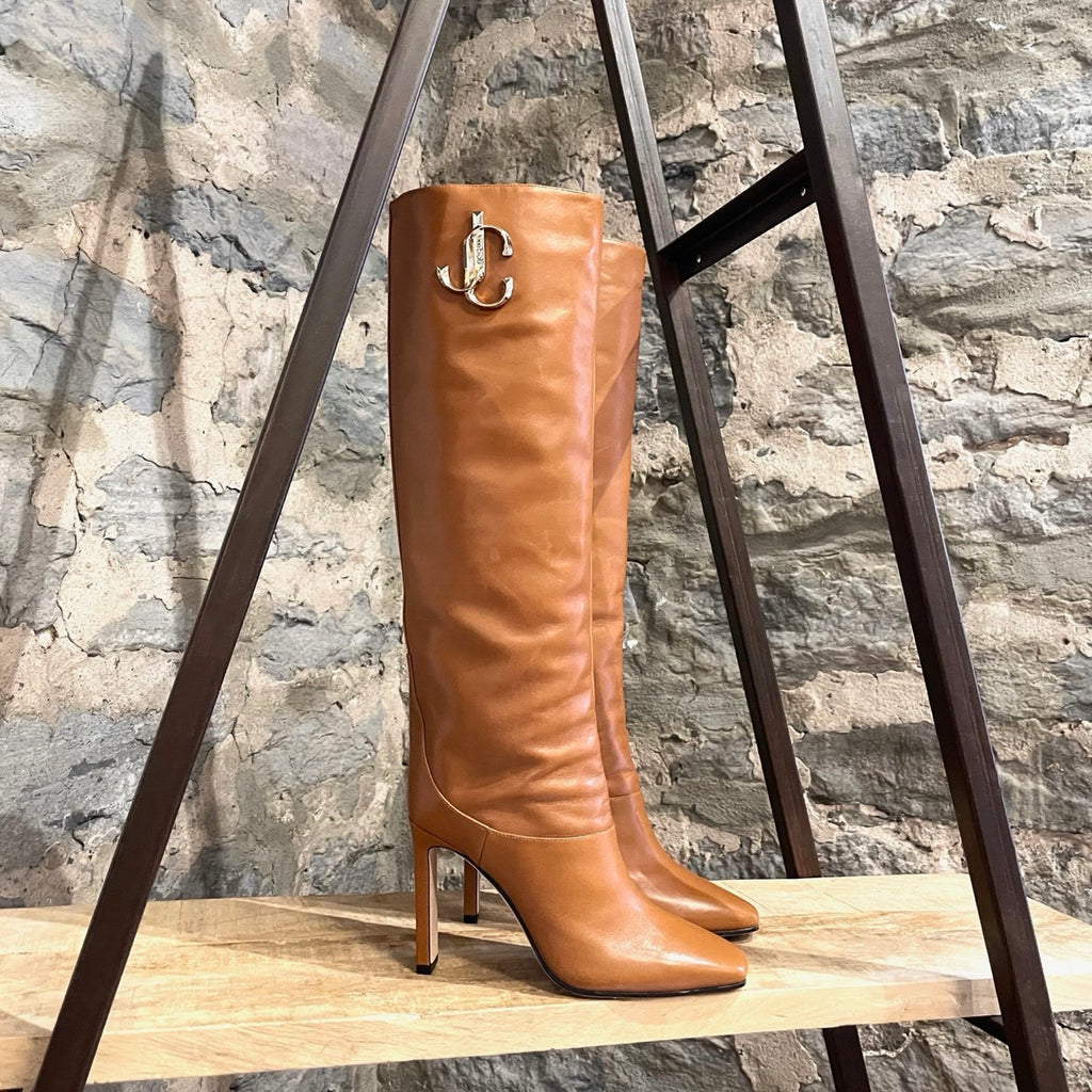 Jimmy Choo Tan Leather Mahesa 100 Knee High Logo Boots