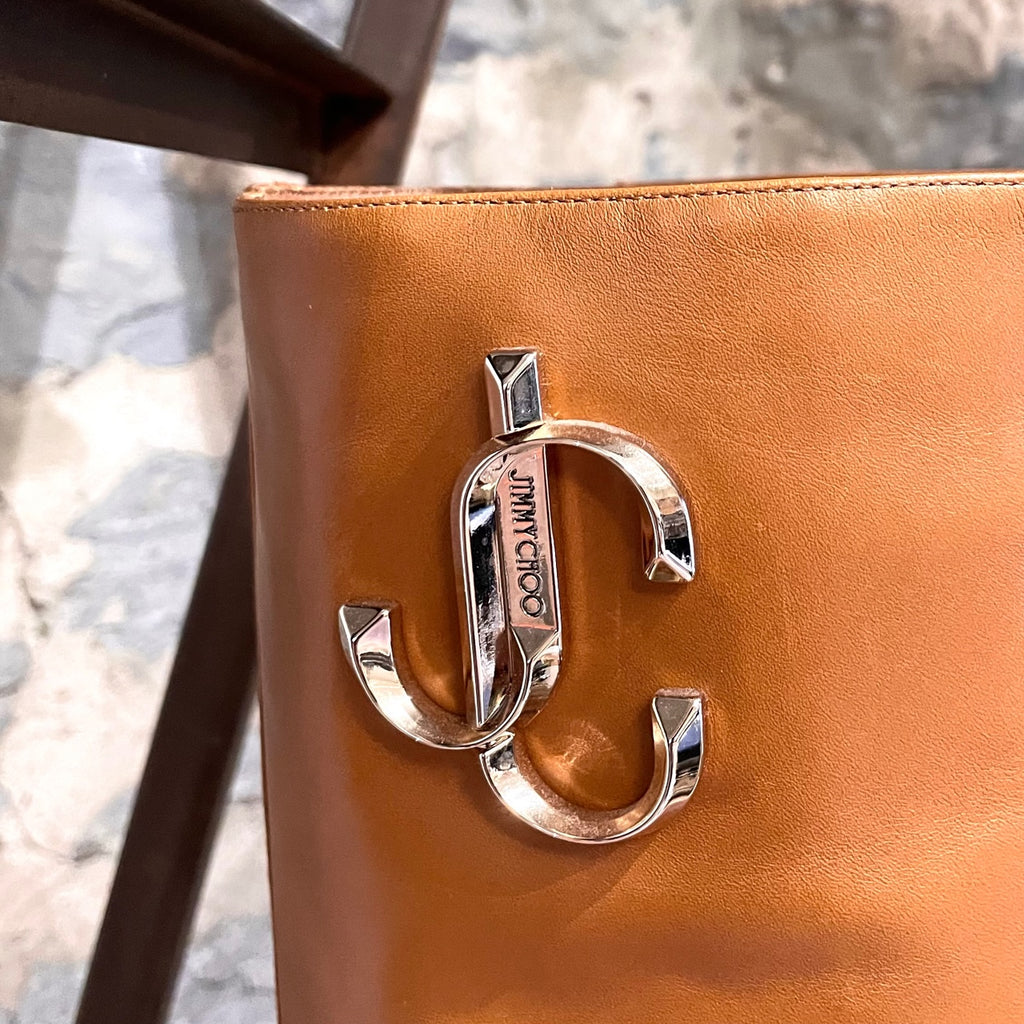 Jimmy Choo Tan Leather Mahesa 100 Knee High Logo Boots