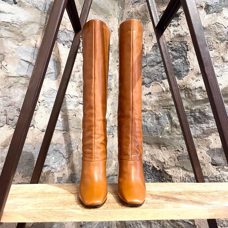 Jimmy Choo Tan Leather Mahesa 100 Knee High Logo Boots