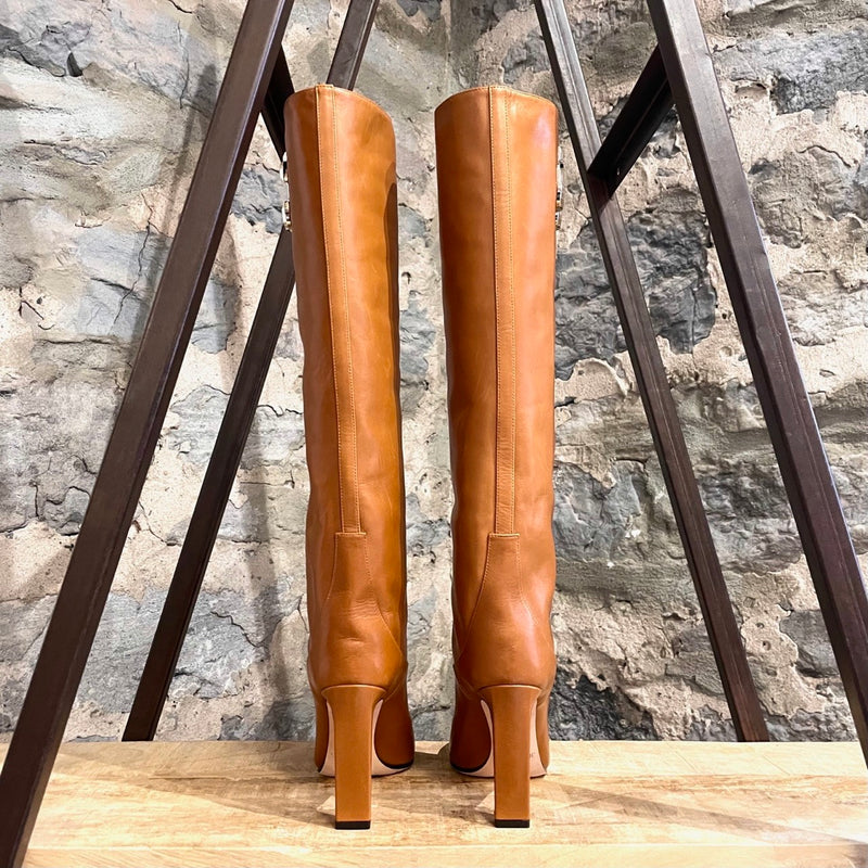 Jimmy Choo Tan Leather Mahesa 100 Knee High Logo Boots
