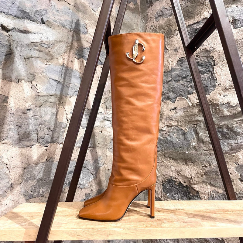 Jimmy Choo Tan Leather Mahesa 100 Knee High Logo Boots