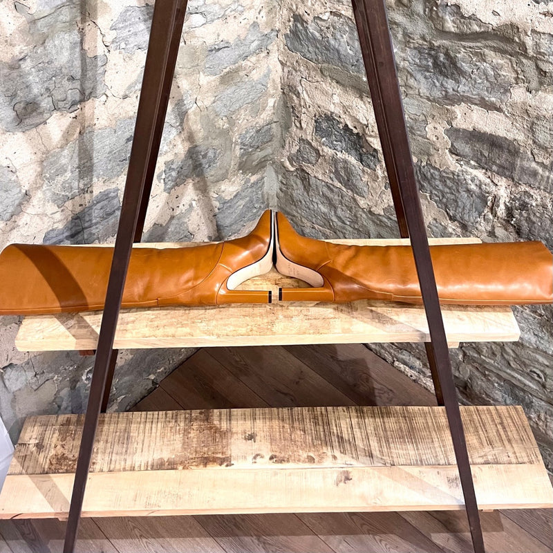 Jimmy Choo Tan Leather Mahesa 100 Knee High Logo Boots