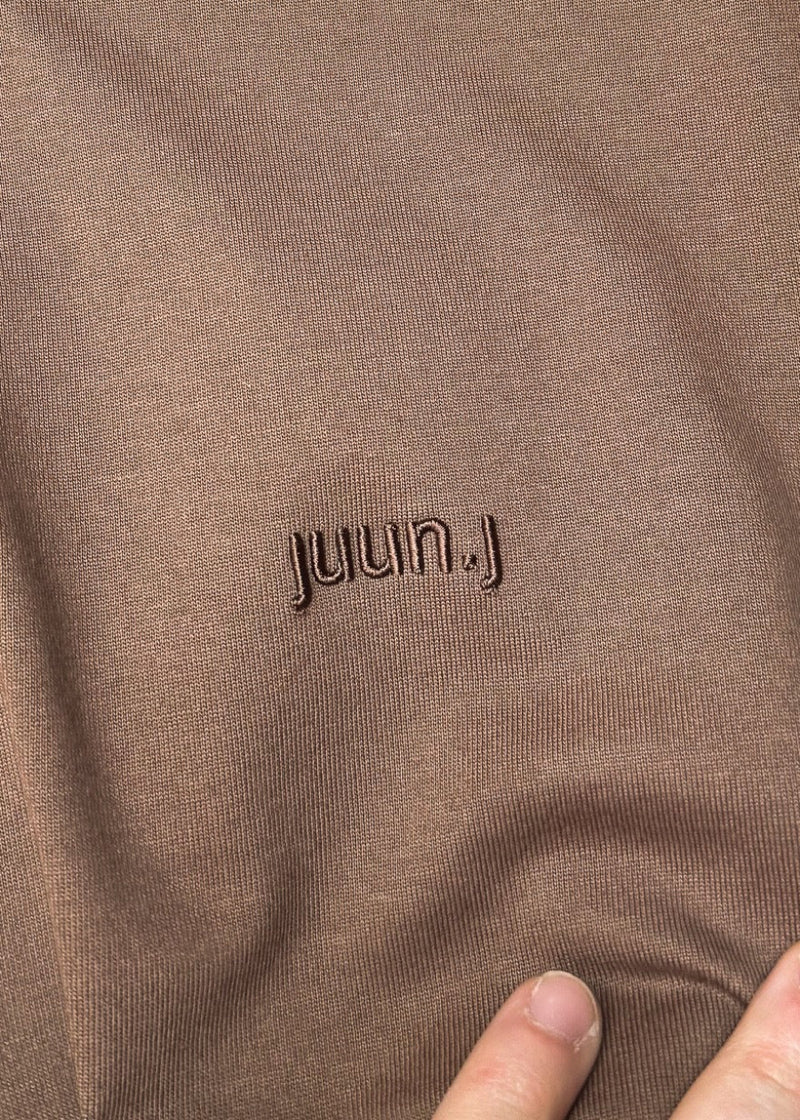 Branded detail of Juun.J Brown Logo Embroidered Delicat Print T-shirt