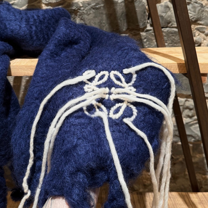 embroidered macramé-style anagram detail of LOEWE Blue Mohair Embroidered Anagram Oversized Scarf