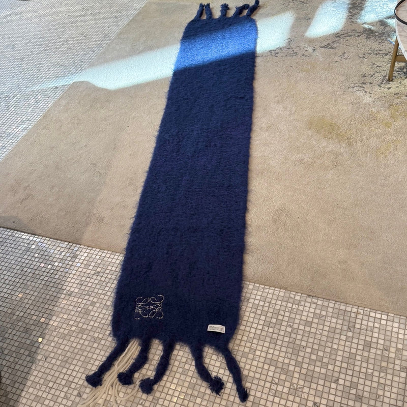 LOEWE Blue Mohair Embroidered Anagram Oversized Scarf displayed to highlight its oversized proportions for better scale visualization