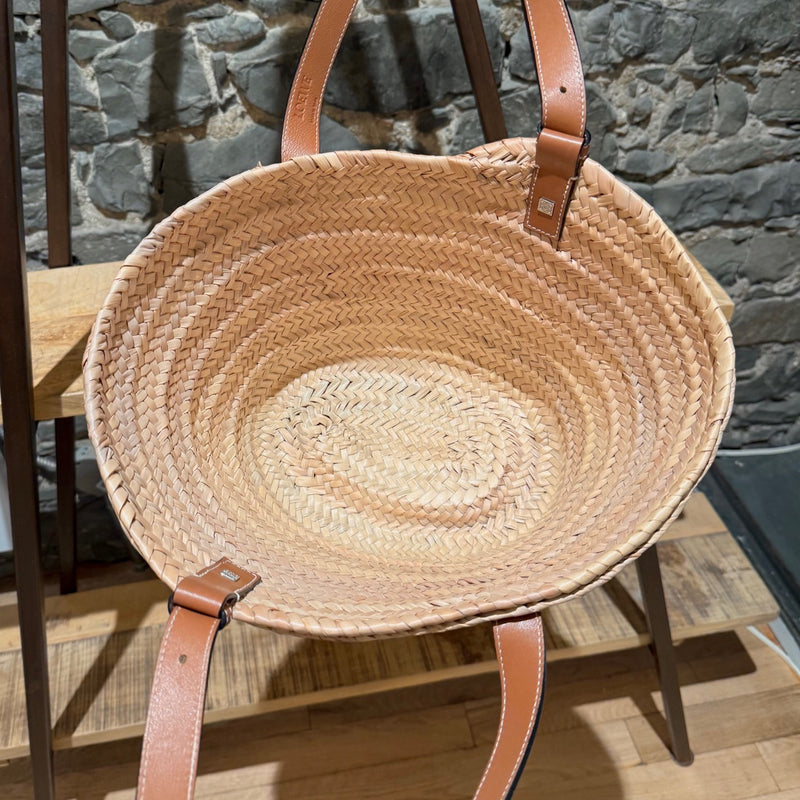 LOEWE Brown Leather Beige Raffia Medium Basket Tote Bag