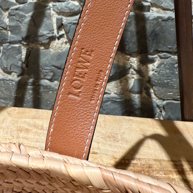 LOEWE Brown Leather Beige Raffia Medium Basket Tote Bag