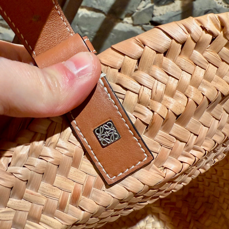 LOEWE Brown Leather Beige Raffia Medium Basket Tote Bag