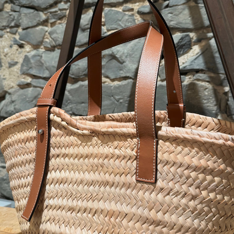 LOEWE Brown Leather Beige Raffia Medium Basket Tote Bag