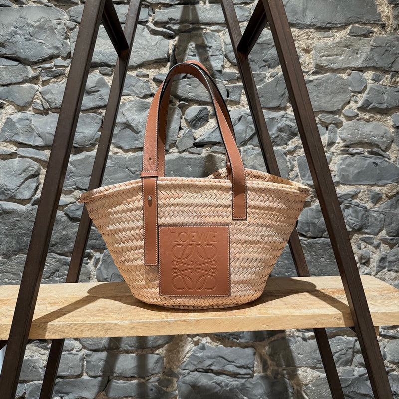 LOEWE Brown Leather Beige Raffia Medium Basket Tote Bag