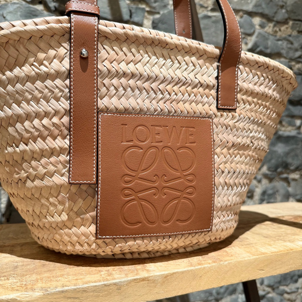 LOEWE Brown Leather Beige Raffia Medium Basket Tote Bag