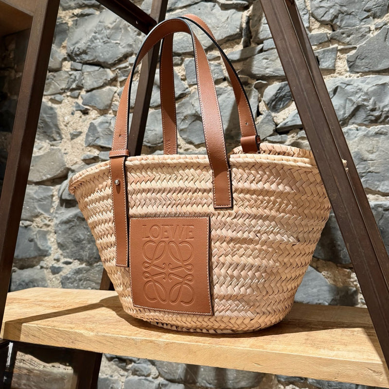 LOEWE Brown Leather Beige Raffia Medium Basket Tote Bag