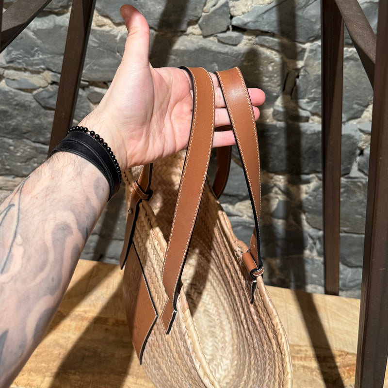 LOEWE Brown Leather Beige Raffia Medium Basket Tote Bag