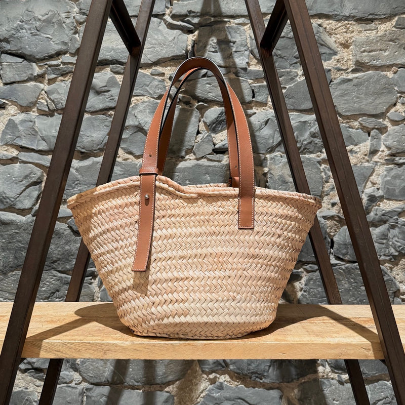 LOEWE Brown Leather Beige Raffia Medium Basket Tote Bag