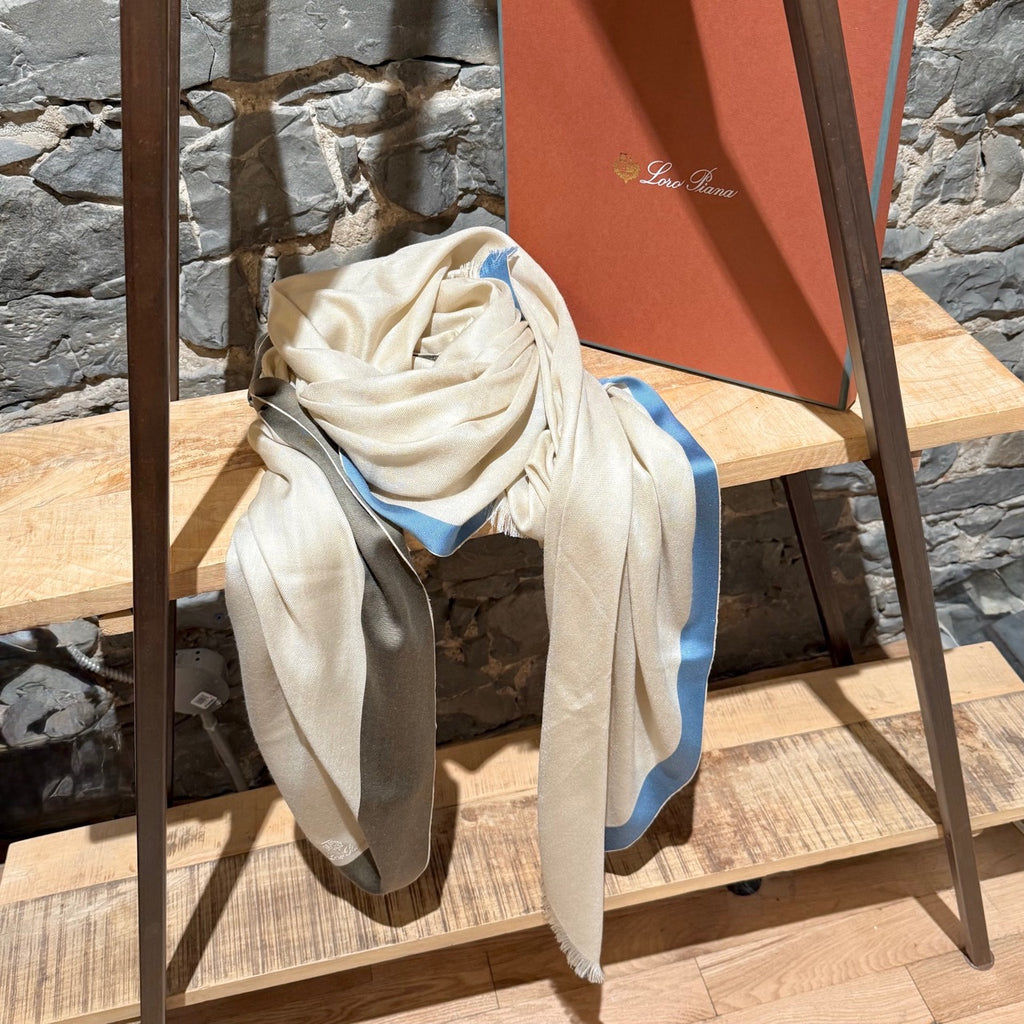 Loro Piana Ivory Silk Cashmere Blue Trim Maxi Stole