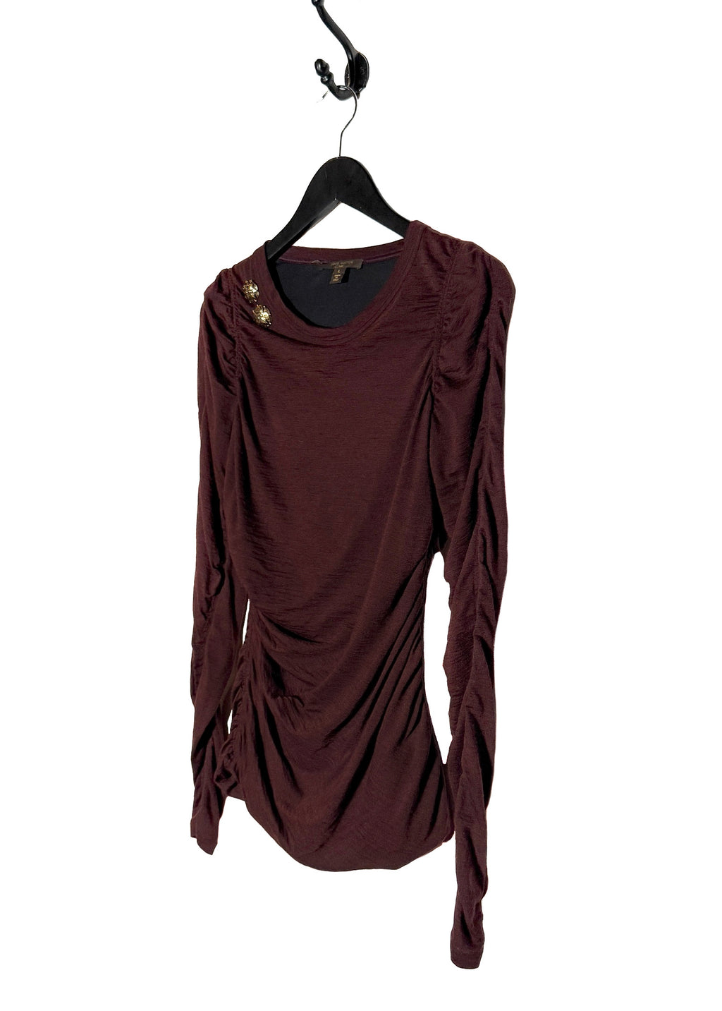 Side front view of Louis Vuitton 2010 Burgundy Star Button Accents Gathered Sleeves Top
