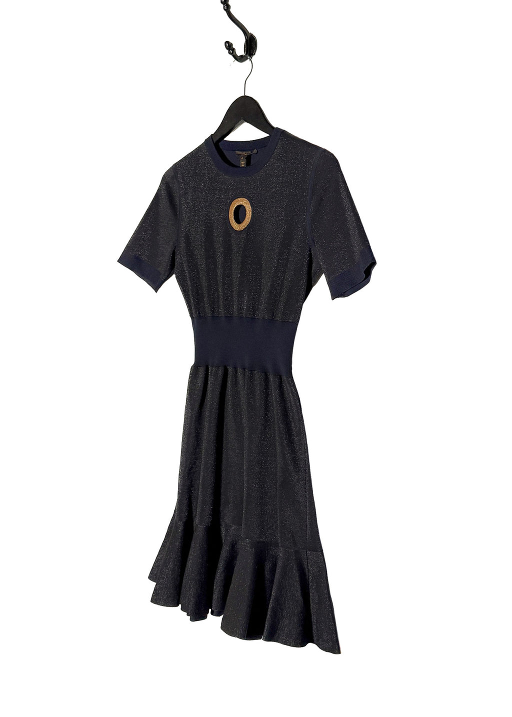 Side front view of Louis Vuitton 2015 Navy Blue Wool Jersey Cut Out Accent Dress