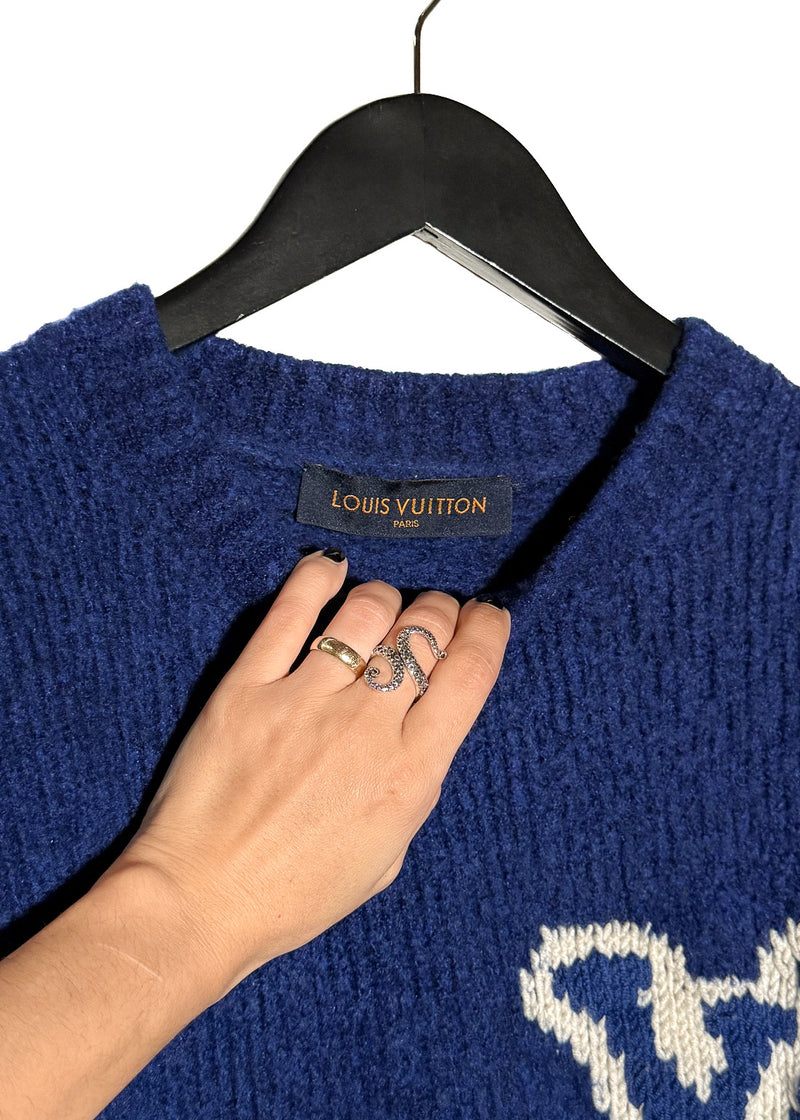 Louis Vuitton 2020 Blue Intersia White Logo Sweater