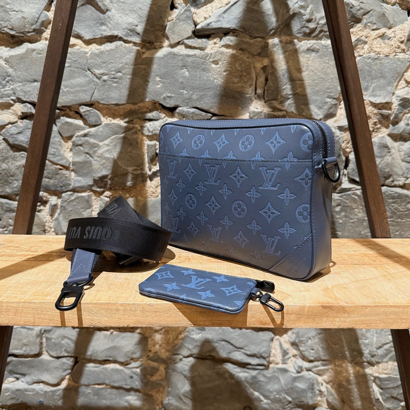 Front side of Louis Vuitton 2021 Blue Grey Monogram Shadow Duo Messenger Bag