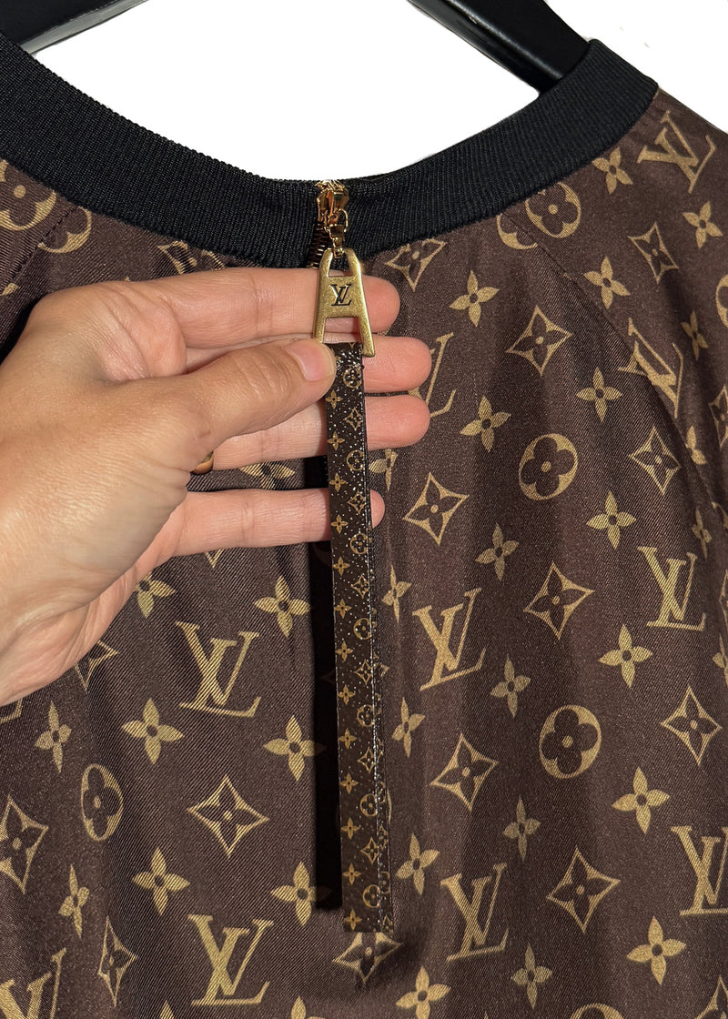 Branded hardware of Louis Vuitton 2021 Brown Monogram Silk Sporty Sweater