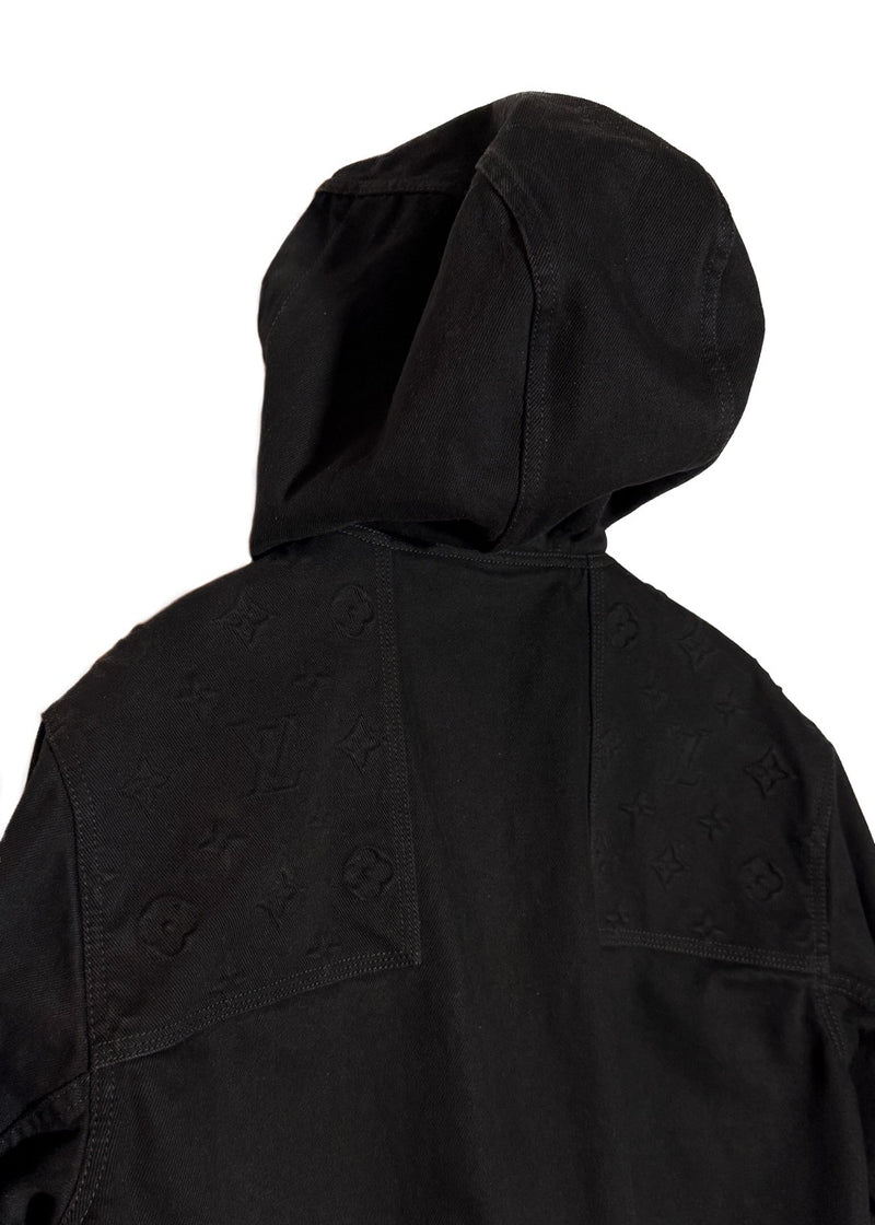 Upper back of Louis Vuitton 2022 Black Denim Monogram Hooded Workwear Jacket