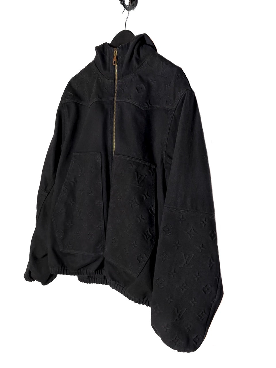 Front side angle of Louis Vuitton 2022 Black Denim Monogram Hooded Workwear Jacket