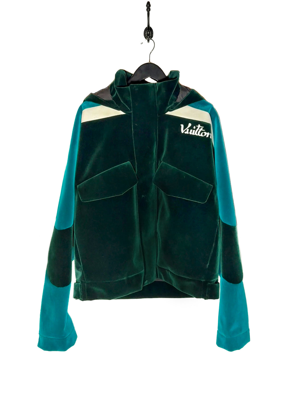 Main front photo of Louis Vuitton 2022 Colorblock Green Technical Tape Velvet Windbreaker Jacket