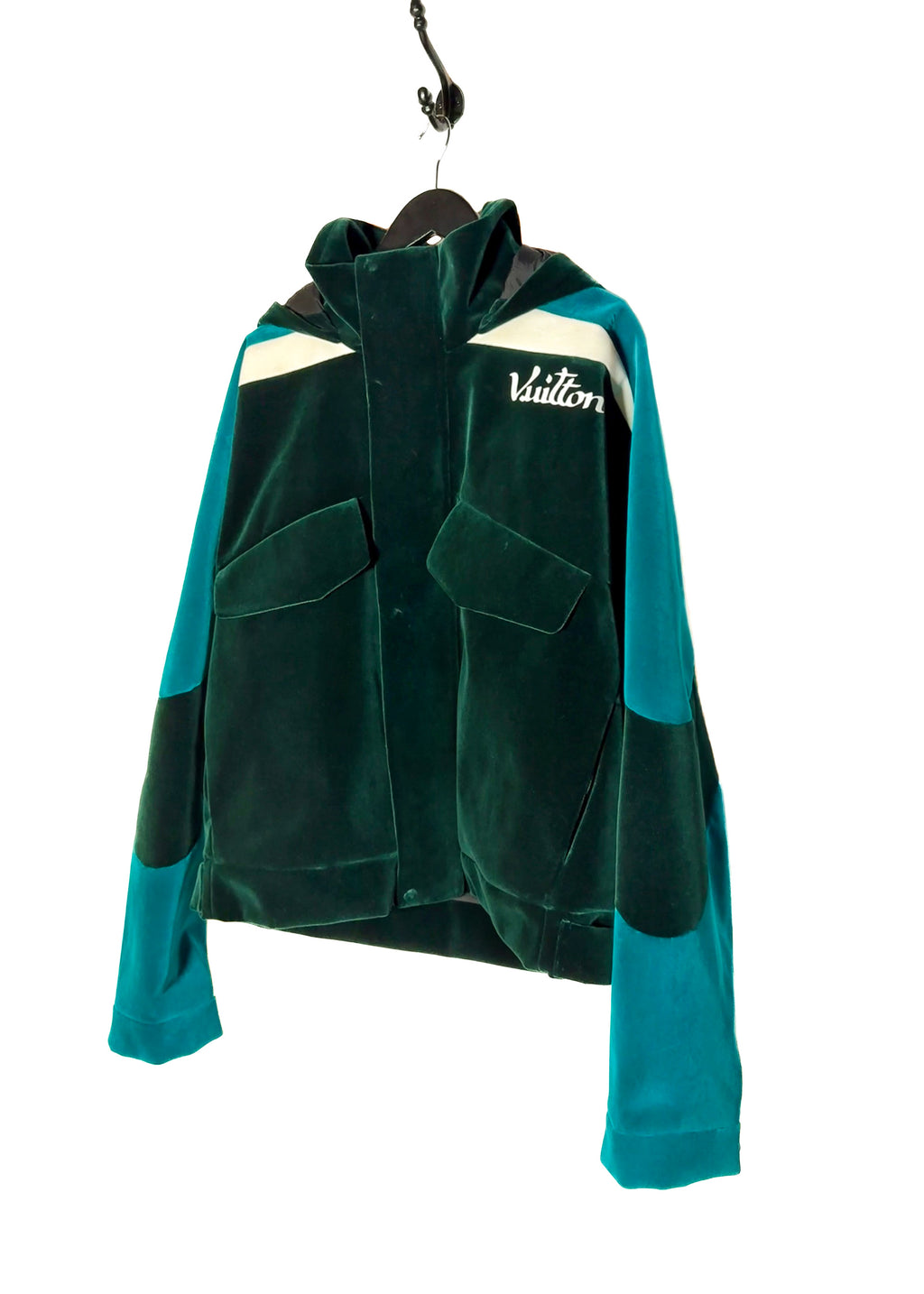 Side front of Louis Vuitton 2022 Colorblock Green Technical Tape Velvet Windbreaker Jacket