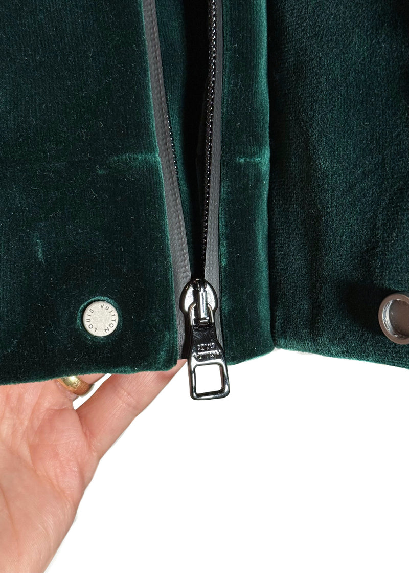 hem and zipper close up of Louis Vuitton 2022 Colorblock Green Technical Tape Velvet Windbreaker Jacket