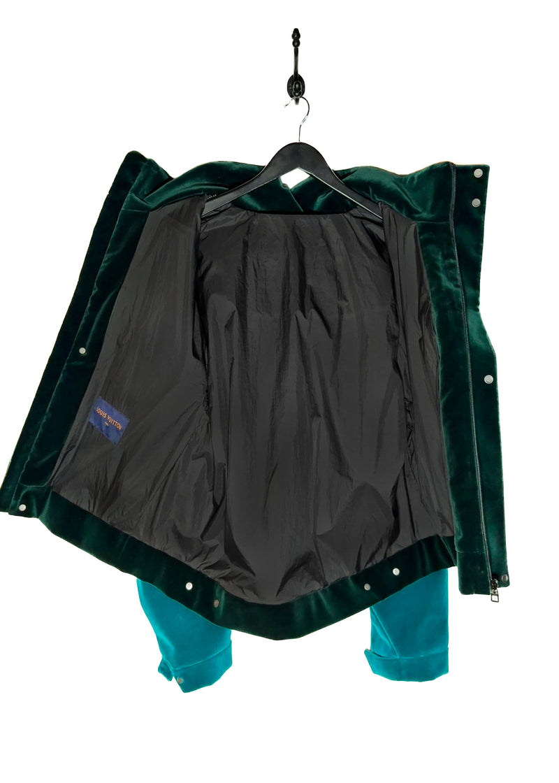 opened interior of Louis Vuitton 2022 Colorblock Green Technical Tape Velvet Windbreaker Jacket