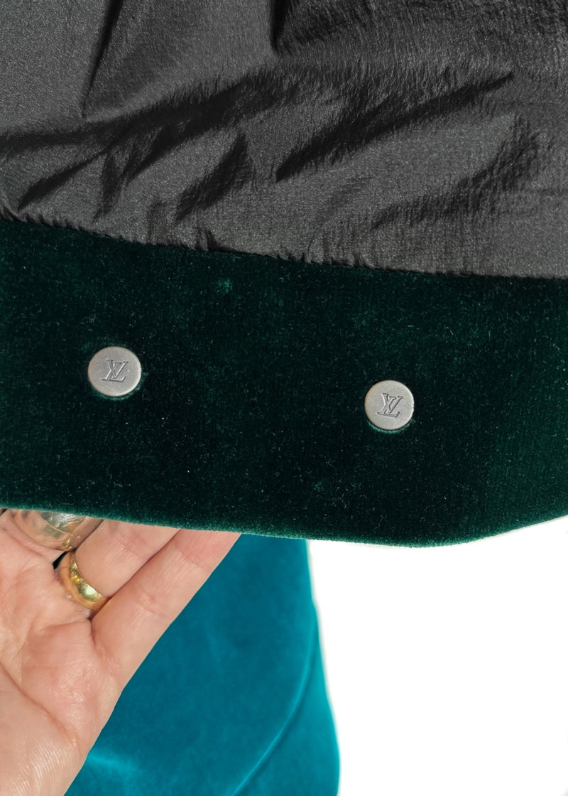 Interior detailing of Louis Vuitton 2022 Colorblock Green Technical Tape Velvet Windbreaker Jacket