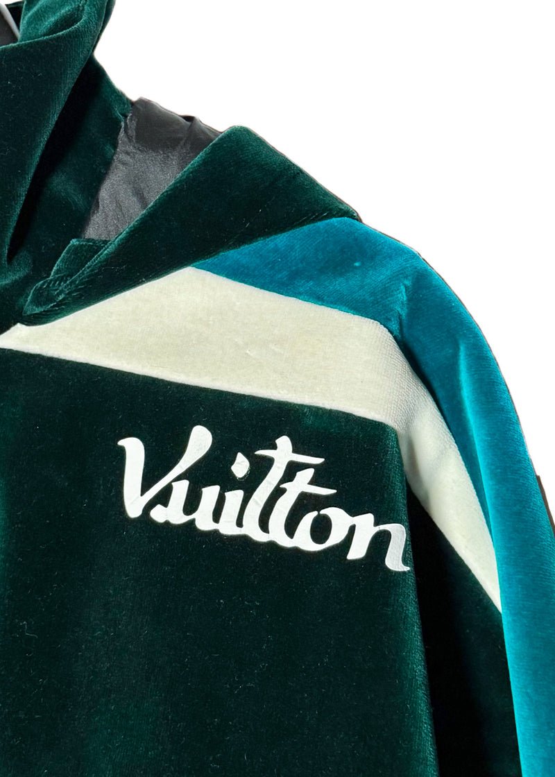 Upper close up of Louis Vuitton 2022 Colorblock Green Technical Tape Velvet Windbreaker Jacket