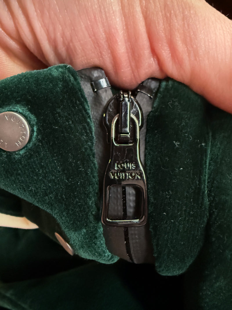 Zipper close up of Louis Vuitton 2022 Colorblock Green Technical Tape Velvet Windbreaker Jacket