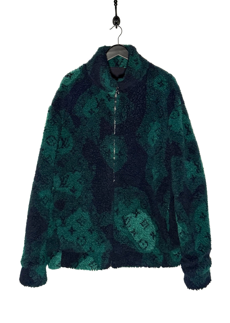 Louis Vuitton 2023 Navy Blue Green Camo Monogram Fleece Zip-up Jacket