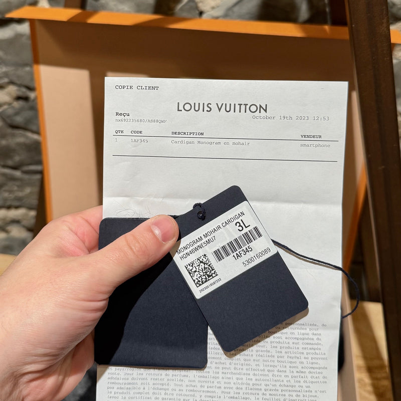 Tags and receipt of Louis Vuitton 2024 Grey LV Monogram Mohair Cardigan