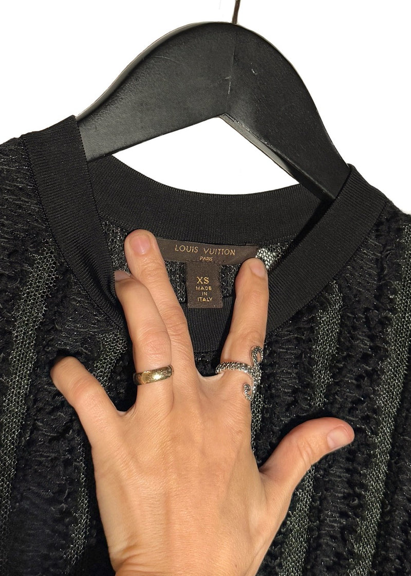 Collar area of Louis Vuitton 2015 Black Wool Fringe Mesh Stripe Sweater