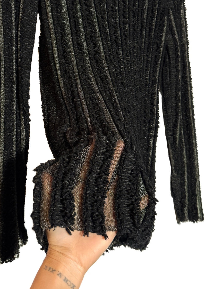 Close-up on Louis Vuitton 2015 Black Wool Fringe Mesh Stripe Sweater