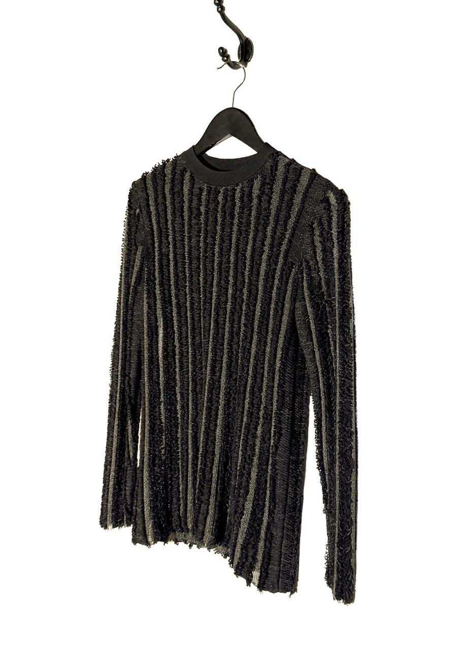 Side front view of Louis Vuitton 2015 Black Wool Fringe Mesh Stripe Sweater