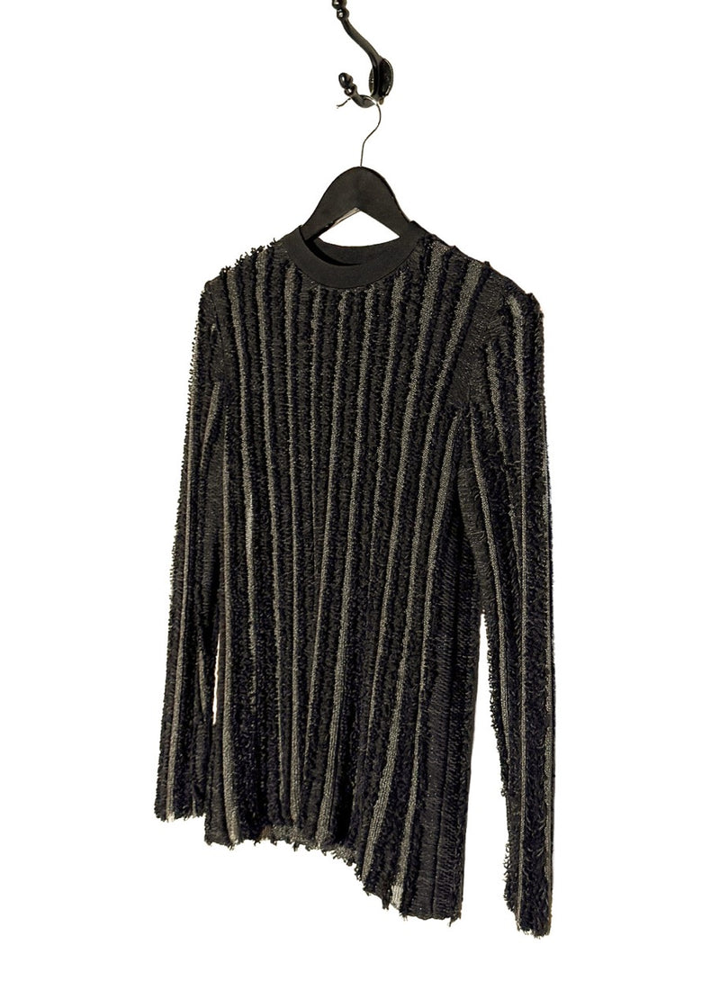 Side front view of Louis Vuitton 2015 Black Wool Fringe Mesh Stripe Sweater